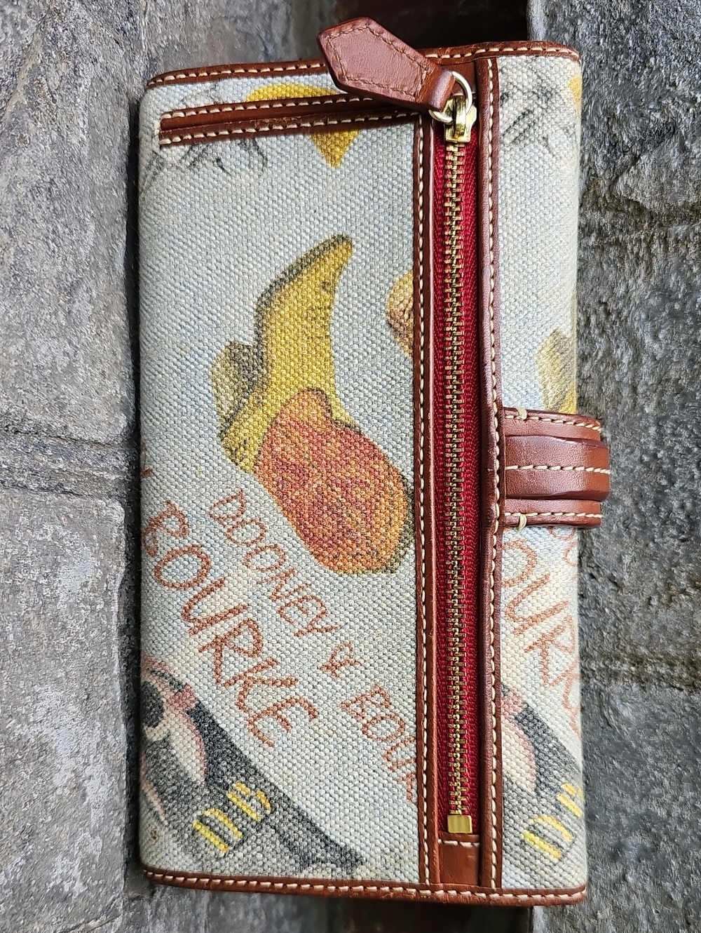Dooney & Bourke Yellow Banana Print Canvas Wallet with Brown Leather Trim - Picture 2 of 4